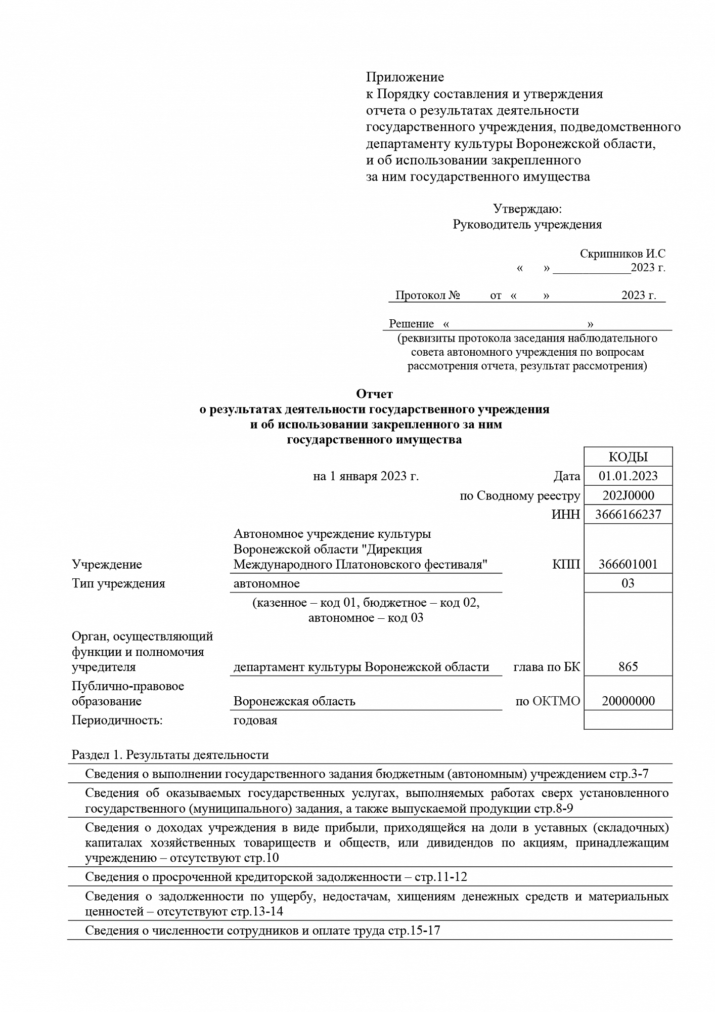 Отчет о результатах деятельности АУК ВО «Дирекция Международного Платоновского фестиваля» и об использовании закрепленного за ним государственного имущества за 2022 год